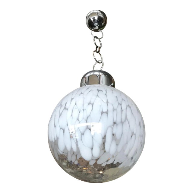 Italian Murano Glass Globe Pendant Blown W Milky White Pattern on Chrome Hardware, by Venini C 1960s For Sale