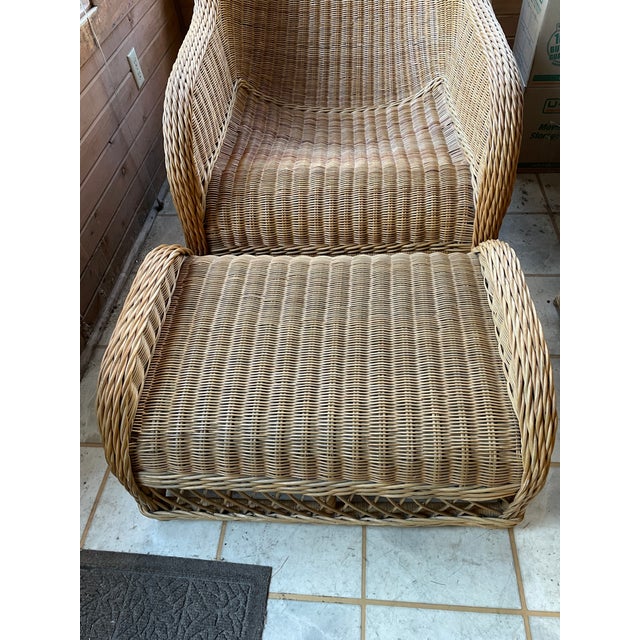 Fabulous 1980s natural wicker/rattan chairs with ottomans. Very sturdy, very large and deep barrel-back chairs, big enough...