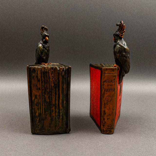 Pompeian Bronze Co. Antique Atlas Of The World Cockatoo Parrot Bookend Set Of 2. Measures approximately 4 1/2" long, 3...