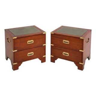 Mid-Century English Mahogany Campaign & Tooled Leather Side Tables / Chests - Pair For Sale