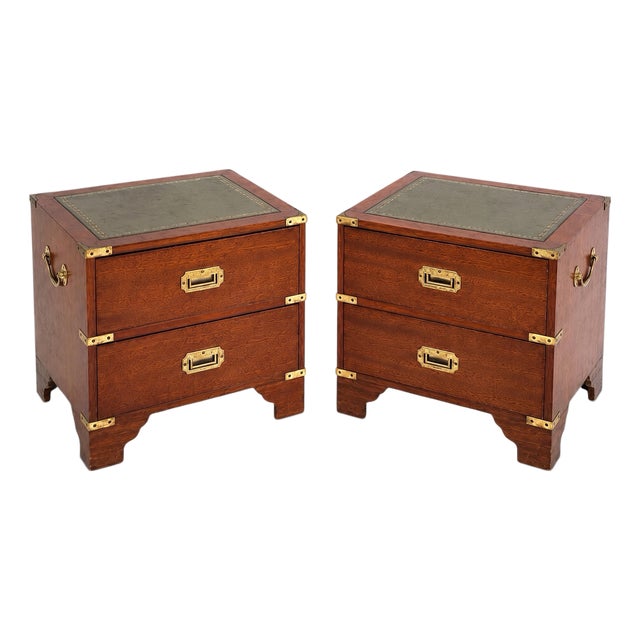 Mid-Century English Mahogany Campaign & Tooled Leather Side Tables / Chests - Pair For Sale