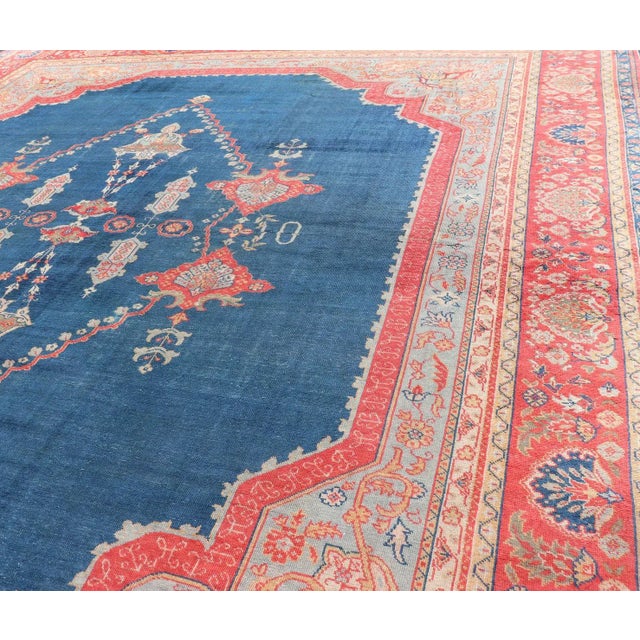 Large Antique Turkish Oushak Rug in Blue and Red With Ornate Medallion Design For Sale - Image 4 of 12