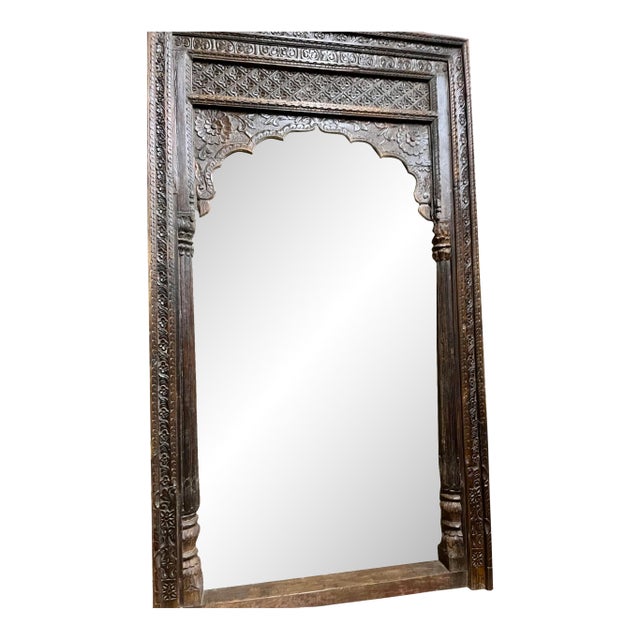 Antique Indian Hand-Carved Archway Frame – Old World Architectural Door Surround 110x63 For Sale
