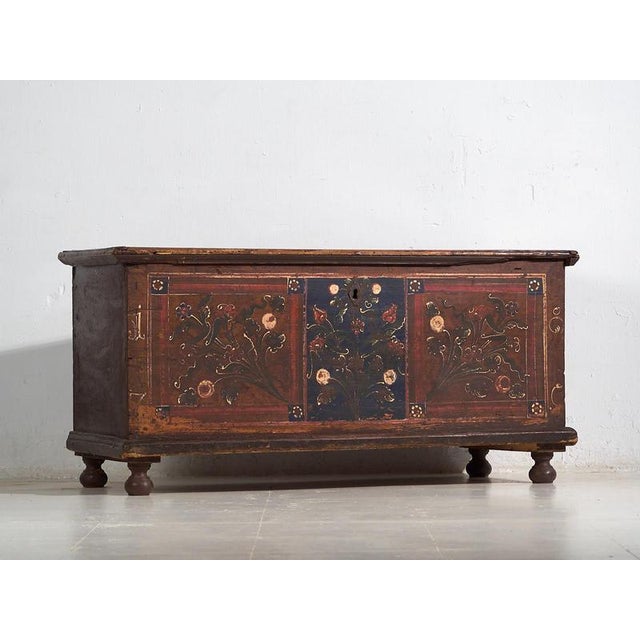 Antique painted chest with floral details dated 1870 Dimensions: Width: 125 cm Depth: 51 cm Height: 62 cm Style: Folk art...