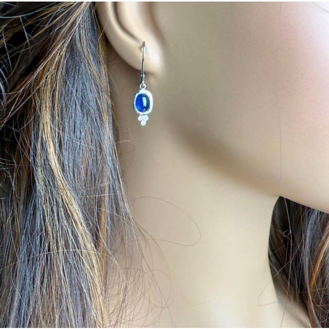 2020s 14k Gold Lever Back Earrings With 4.15 Carat Cabochon Sapphire and Diamond, A Pair For Sale - Image 5 of 9