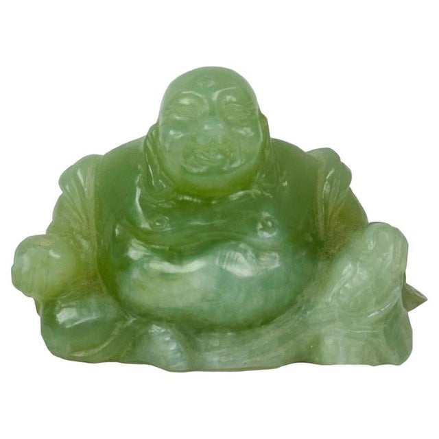 Chinese Carved Green Jade Maitreya Laughing Buddha Figure For Sale - Image 15 of 15