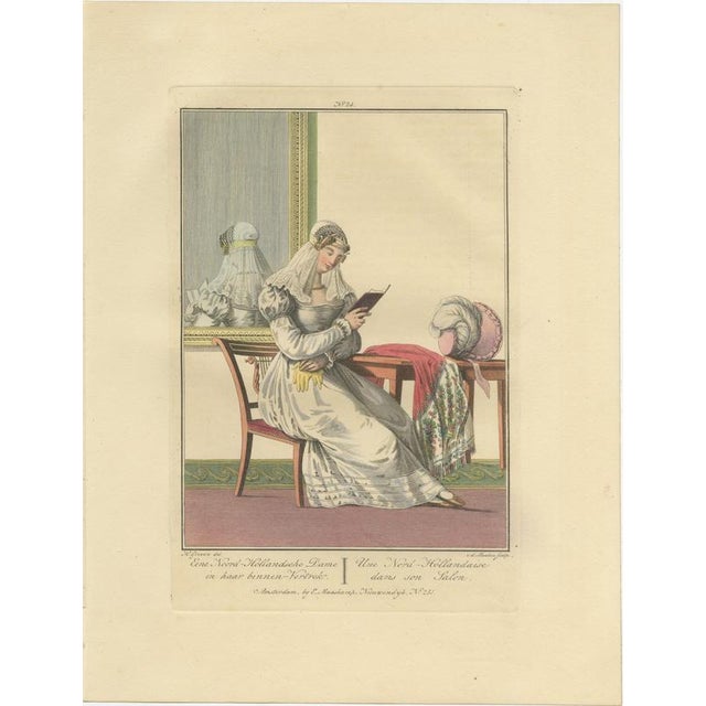 Hollywood Regency Maaskamp, North Holland Lady in Her Drawing Room, Dutch Costume, 1820, Engraving For Sale - Image 3 of 9