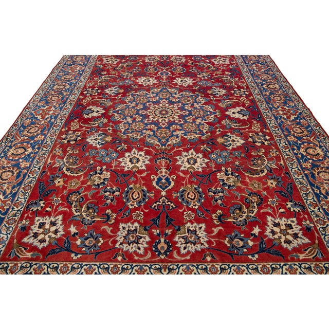 Textile 1950s Rosette Designed Handknotted Isfahan Wool Rug in Red For Sale - Image 7 of 8