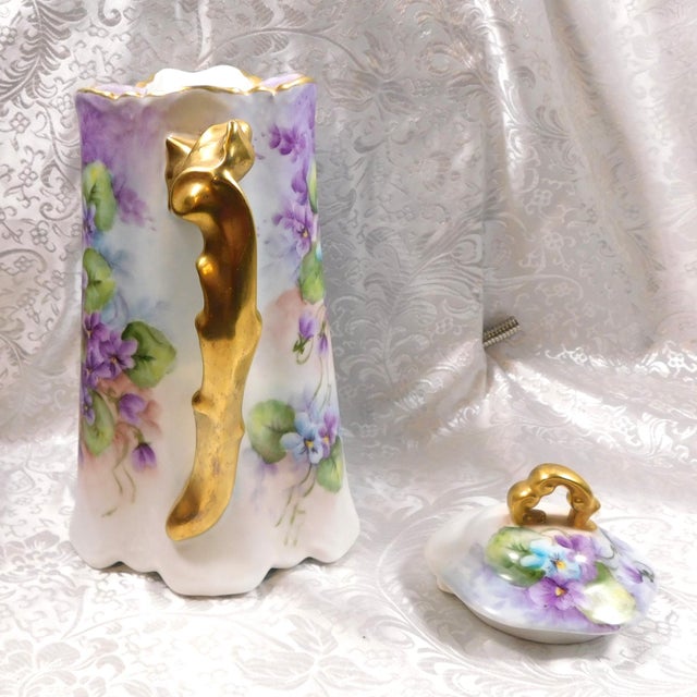1940s Purple Floral Chocolate Pot With Ornate Gold Handle For Sale - Image 9 of 12