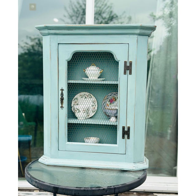 French Provincial Mid-Century Distressed Green Cabinet, With 2 Shelves For Sale - Image 4 of 12