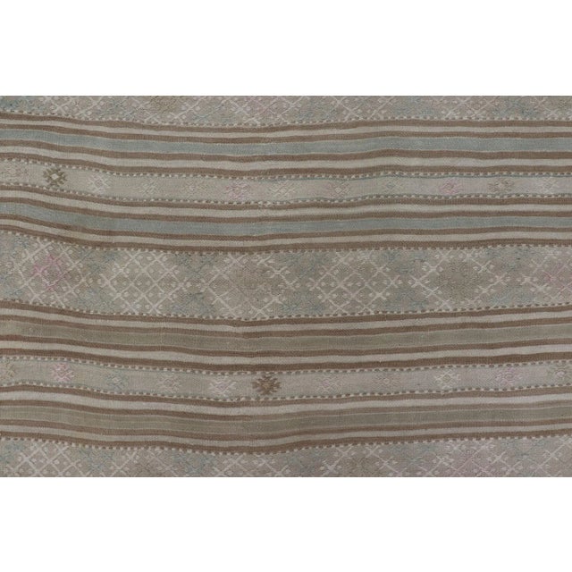 Textile Vintage Turkish Kilim Rug in Soft Taupe, Beige, and Pale Blue Striped Design For Sale - Image 7 of 12