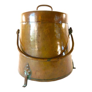 Large Antique Footed Copper Coal Scuttle Bucket W/ Lid & Handle For Sale