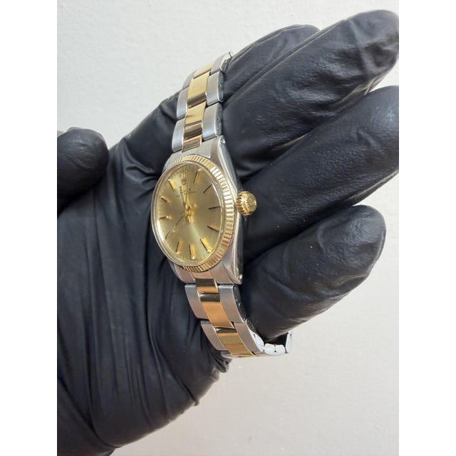 Vintage Rolex Oyster Perpetual 6551 Two Tone 18k Gold Champagne Dial 31mm Watch For Sale - Image 9 of 9