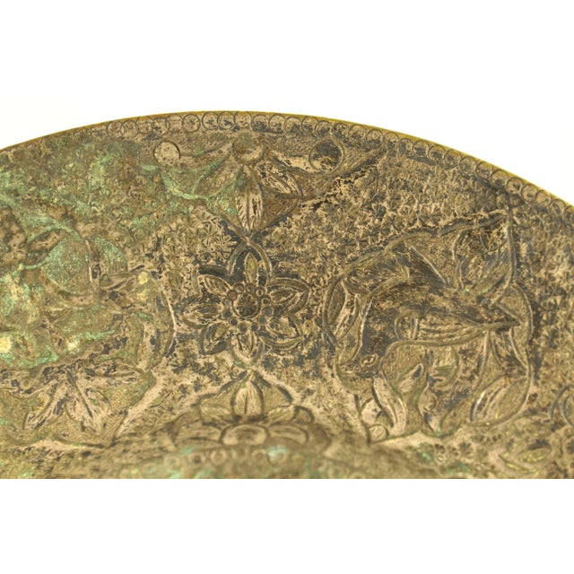 19th Century 19th Century Indo-Persian Qajar Plate Low Grade Silver Tooled Flowers, Birds & Hares For Sale - Image 5 of 12