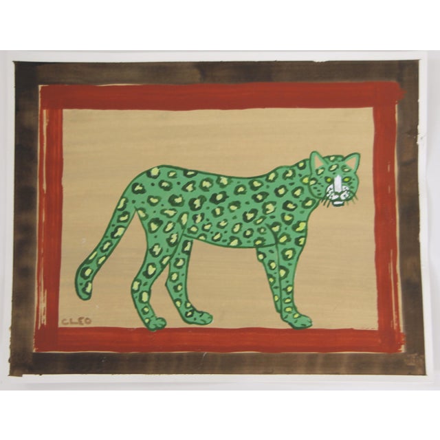Expressionist painting of a leopard in greens, sepia, burnt sienna, with a two tone border. Elegant and vibrant....