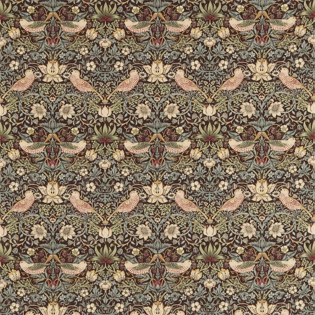 Morris & Co Strawberry Thief Fabric in Chocolate/Slate For Sale