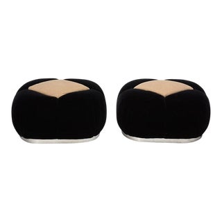 Pair of Sally Sirkin Lewis for J. Robert Scott Black & Beige Mohair Pooffe Ottoman Footstools, 1990s For Sale