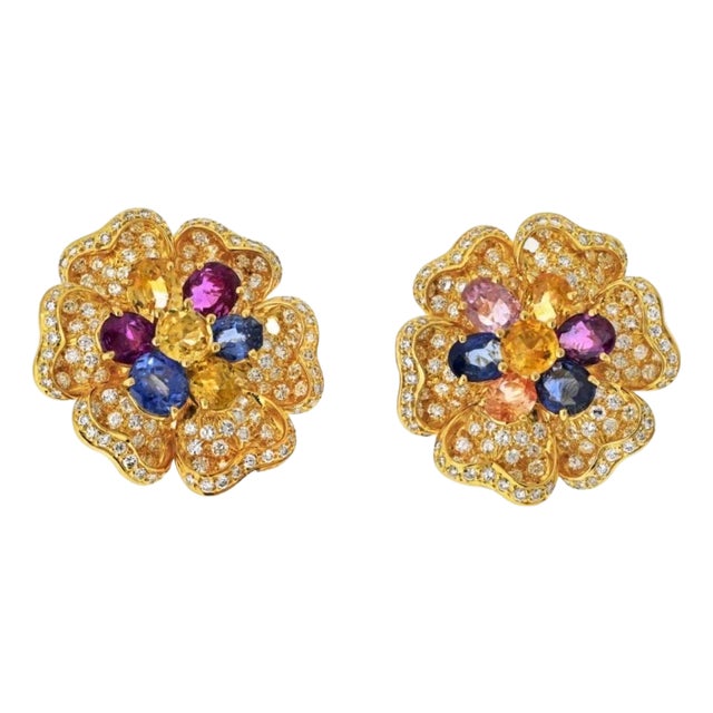 18k Yellow Gold Diamond & Multicolor Sapphire Flower Earrings by Designer Adler For Sale