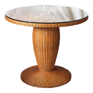 1980s Wicker Round Table with Glass Top For Sale