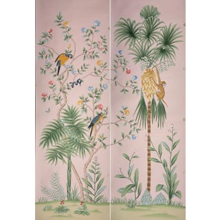 Hand Painted Blush Pink Tropical Chinoiserie Parrot Monkey Floral Mural 2-Panel Set For Sale