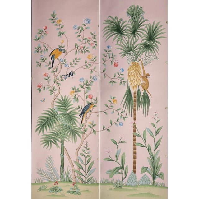 Hand Painted Blush Pink Tropical Chinoiserie Parrot Monkey Floral Mural 2-Panel Set For Sale