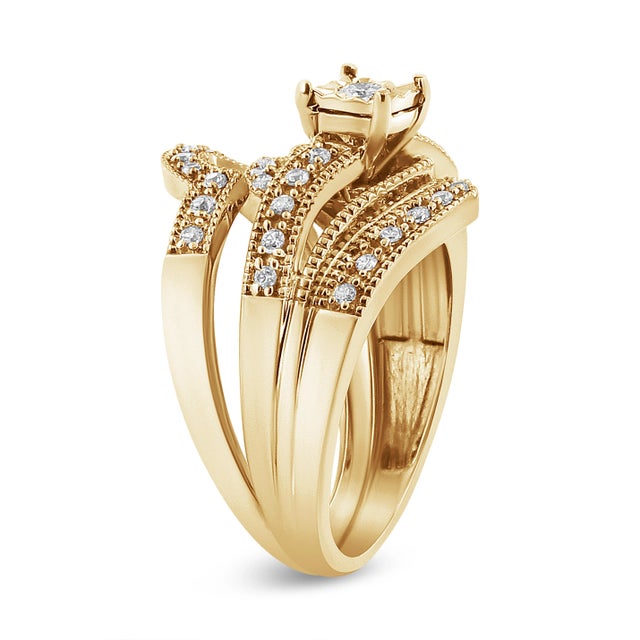 Contemporary 14K Yellow Gold Plated .925 Sterling Silver 1/3 Cttw Round Diamond Crisscross Engagement Ring Bridal EVS1010 For Sale - Image 3 of 5