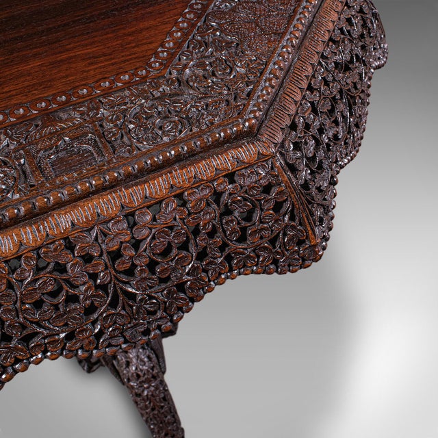 Brown Antique Carved Tea Table, Burmese, Teak, Octagonal, Lamp, Side, Victorian, 1860 For Sale - Image 8 of 12