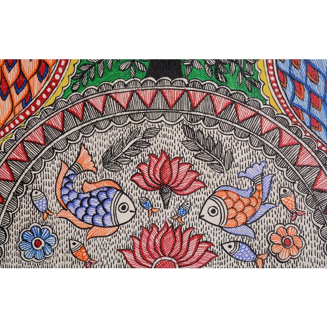 This masterful Madhubani composition balances two interconnected ecological planes divided symmetrically by a stylized,...