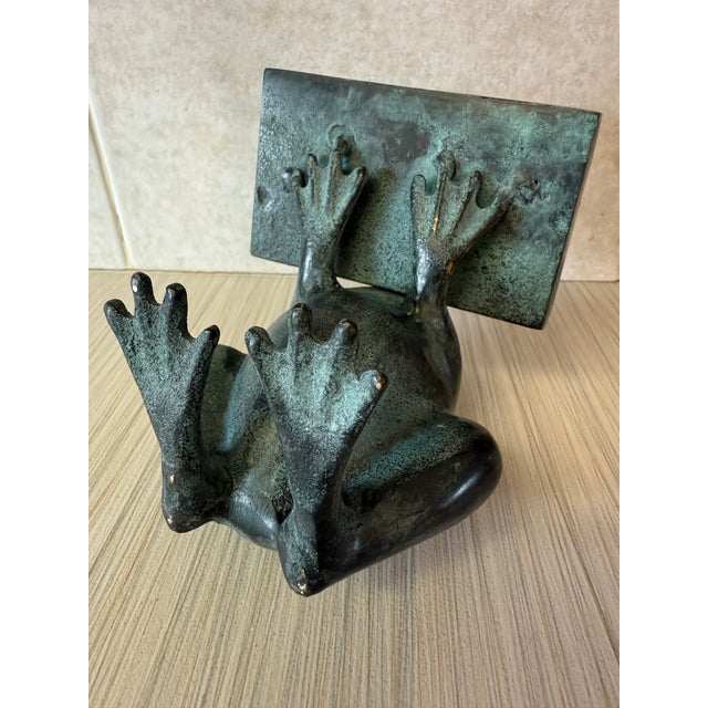 1980s Cast Bronze Frog Business Card Holder With Pen Holder or Vase For Sale - Image 6 of 8