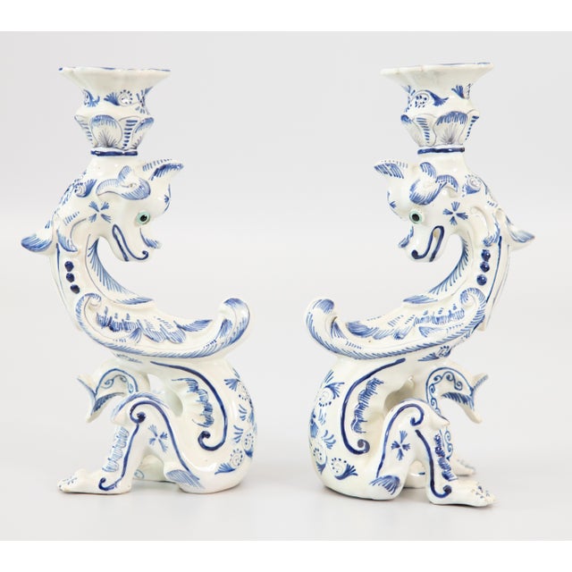 Gothic Dutch Delft Faience Dragon Candlesticks, Circa 1930 - A Pair For Sale - Image 3 of 12
