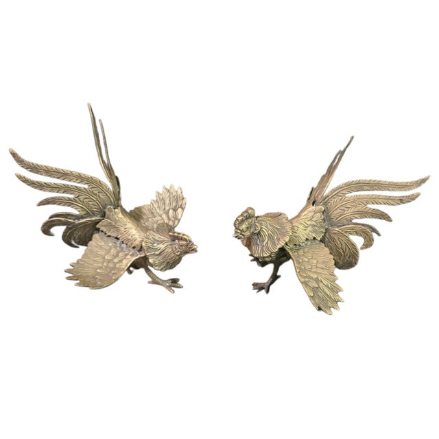 Vintage Pair of Italian Solid Brass Fighting Roosters Cocks For Sale - Image 6 of 10