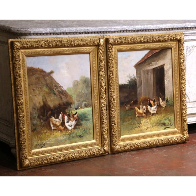 Charming and wonderfully animated, this pair of antique barnyard paintings captures the rustic character of French country...