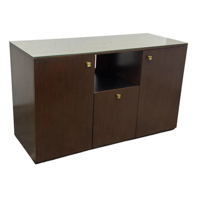 Lily Jack Walnut Bespoke Credenza + Glass Top For Sale