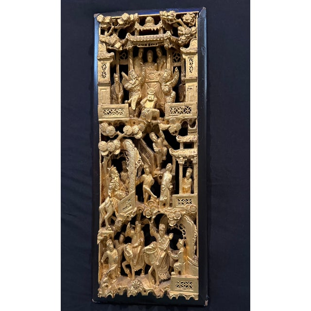 Early 20th Century Chinese Gilt Lacquer Carved Wood Panels, Set of 3 - Figural Court Scenes, Qing/Republic Period For Sale - Image 5 of 5