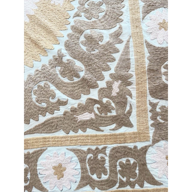 Mid-Century Modern Suzani Embroidered Wall Hanging - Neutral Tan Uzbek Tablecloth For Sale - Image 3 of 9