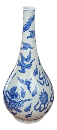 Mid-Century Vietnamese Blue Huê Porcelain Piriform Vase with Dragon Decor, 1950s