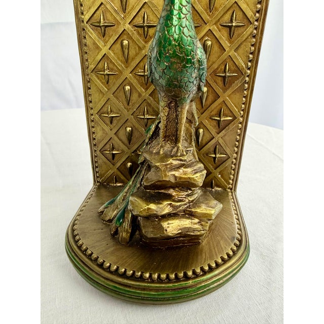 Plastic Hollywood Regency Green & Brass-Toned Peacock Bookends - A Pair For Sale - Image 7 of 11