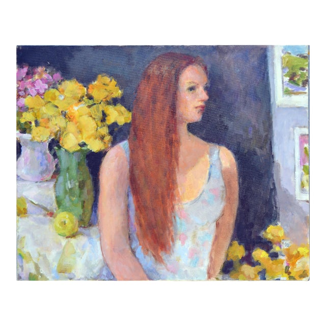 Vintage Portrait of Red Headed Woman With Yellow Roses by Patricia Emrich Gillfillan For Sale