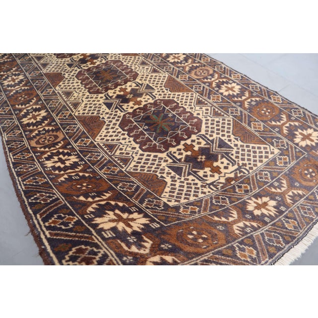 Textile Vintage Afghan Baluch Hand-Knotted Rug 3'6" X 6'7" – Turkmen Tribal Geometric Carpet For Sale - Image 7 of 7