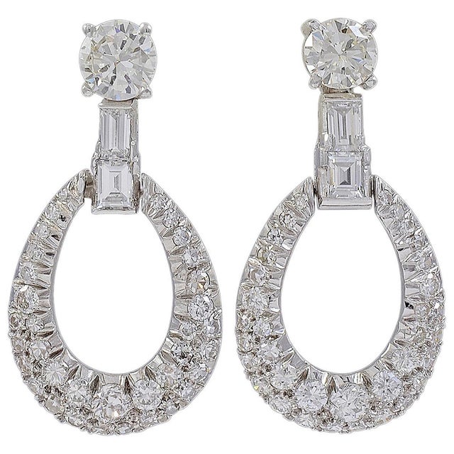 1950s 7 Ct Diamond Drop Cocktail Earrings Platinum with 2 Ct Solitaire Diamond For Sale - Image 15 of 18