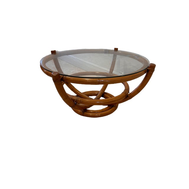 Mid-Century Modern Vintage Sculptural Palm Beach Style Rattan Coffee Table With Round Glass Top, C. 1970s For Sale - Image 3 of 9