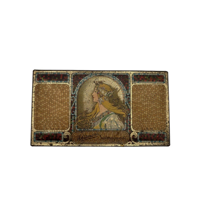 1920s Whitman's Salmagundi Chocolates Mucha Style Art Nouveau Gold-Tone Metal Tin Box For Sale - Image 9 of 9