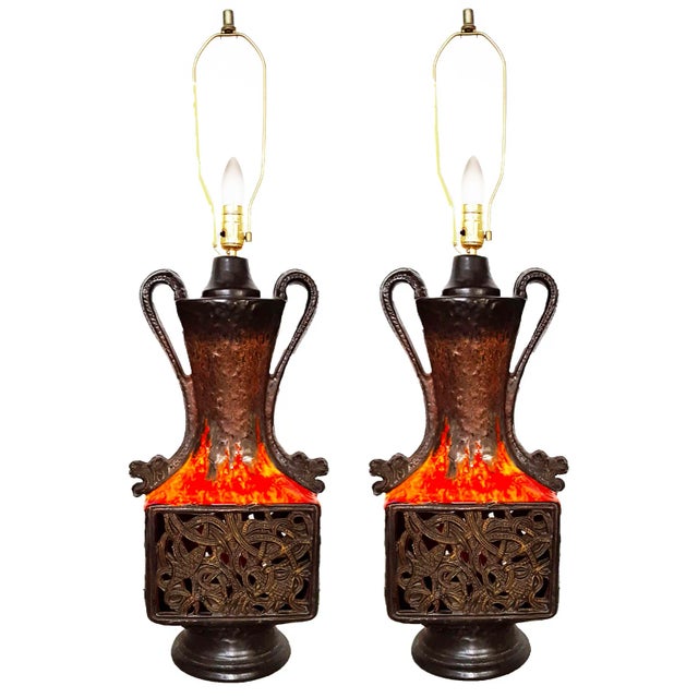Vintage Folk Art French Vallauris Ceramic Table Lamps - Pair For Sale