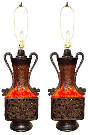 Vintage Folk Art French Vallauris Ceramic Table Lamps - Pair