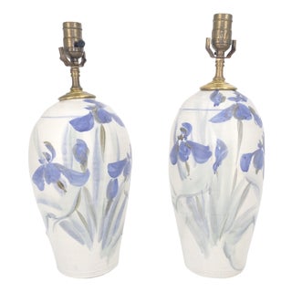 Pair of Ceramic White & Flow Blue Artist Signed Vase Shape Table Lamps MINT For Sale