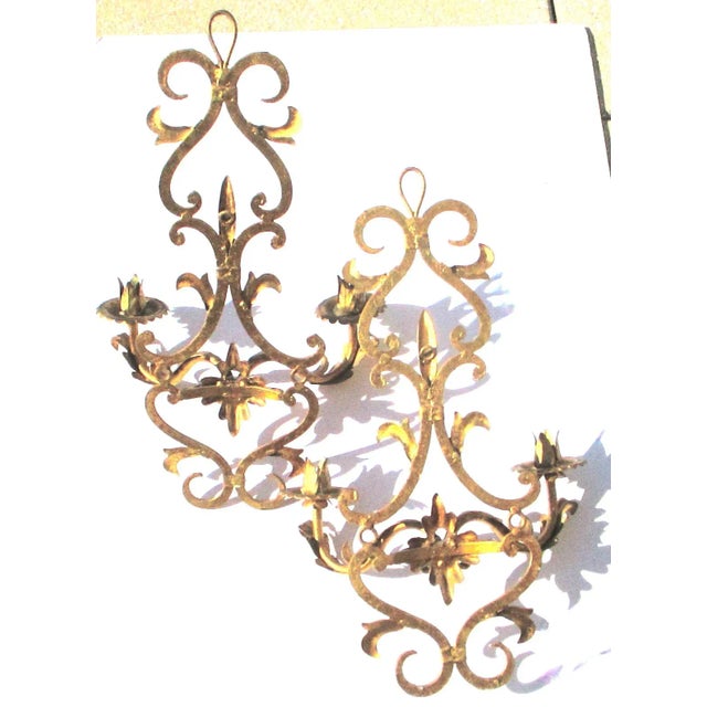 1980s 1980s Palladio Style Italian Gilt Tole Two Candle Sconces - A Pair For Sale - Image 5 of 6