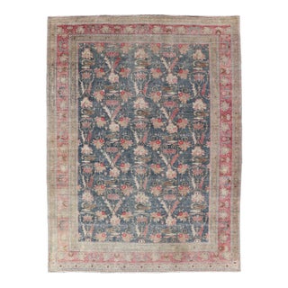 Antique Persian Tabriz Rug With Brid Design in Blue 8'8 X 12' For Sale
