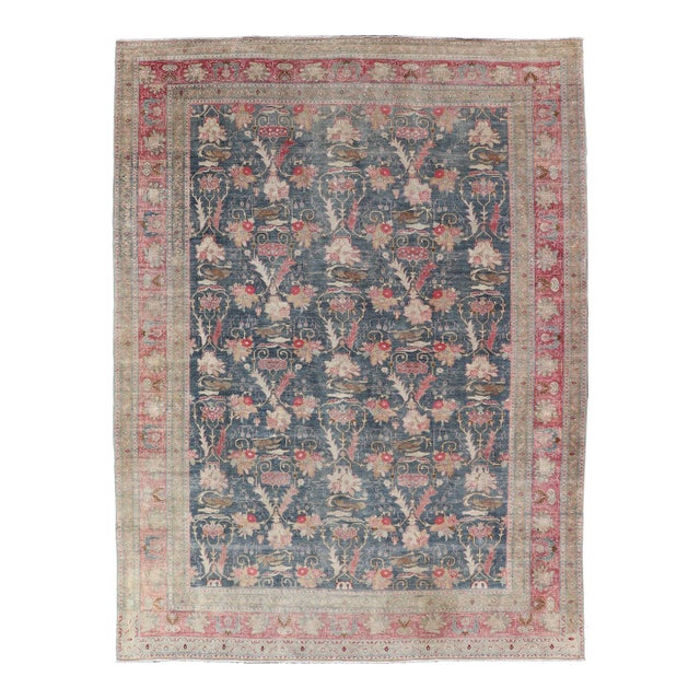 Antique Persian Tabriz Rug With Brid Design in Blue 8'8 X 12' For Sale