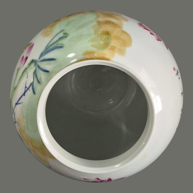 Ceramic Vintage Asian Famille-Rose Lotus Floral Bird Calligraphy Poem by "Du Fu" Large Vase Marked For Sale - Image 7 of 11