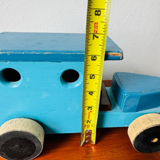 Vintage Blue Primative Wood Milk Truck Pull Toy For Sale - Image 11 of 12